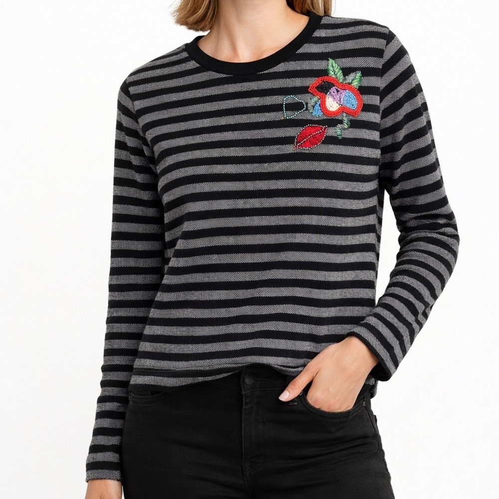 Zara Trafaluc Striped Knit Sweater Beaded Embroidery Heart & Lips Top